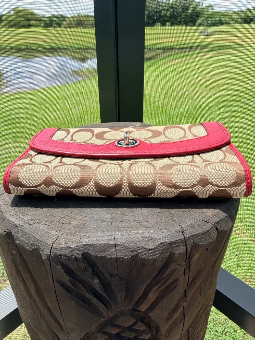 Coach Signature C Turnlock Wallet Khaki Red Leather Y2K Jacquard